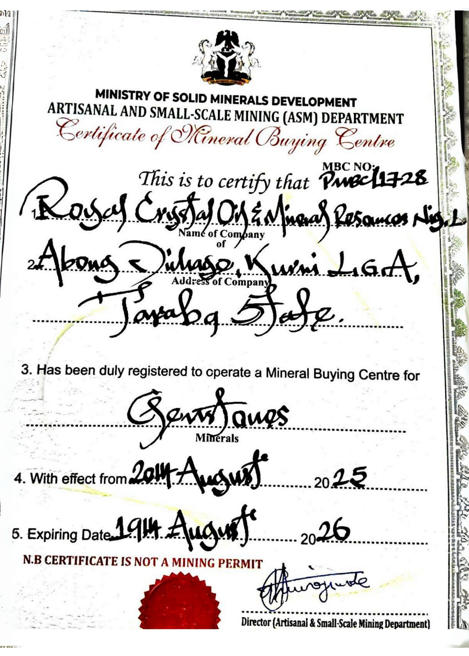 Mineral Buying Certificate